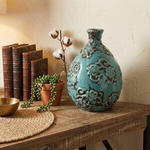 VTG Art Pottery Vase Turquoise Floral Design Dayazhai Style 11.5 in.